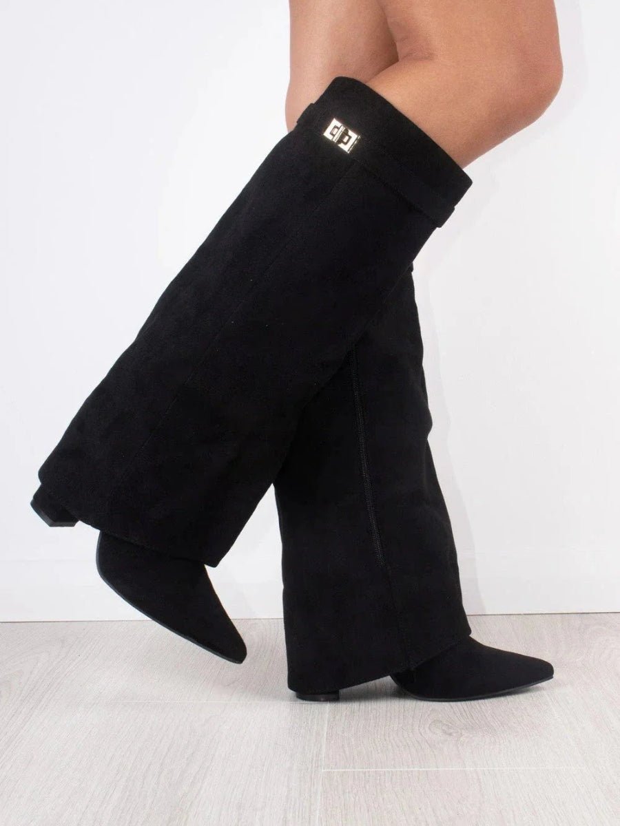 Women's Suede Fold-Over Knee-High Boots Gold Clasp