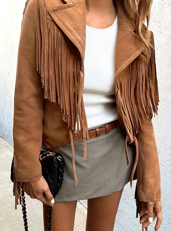 Women's Suede Fringe Cropped Short Jacket - Brown