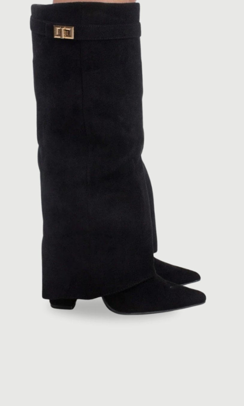 Women's Suede Knee-High Buckle Fold-Over Thigh-High Boots