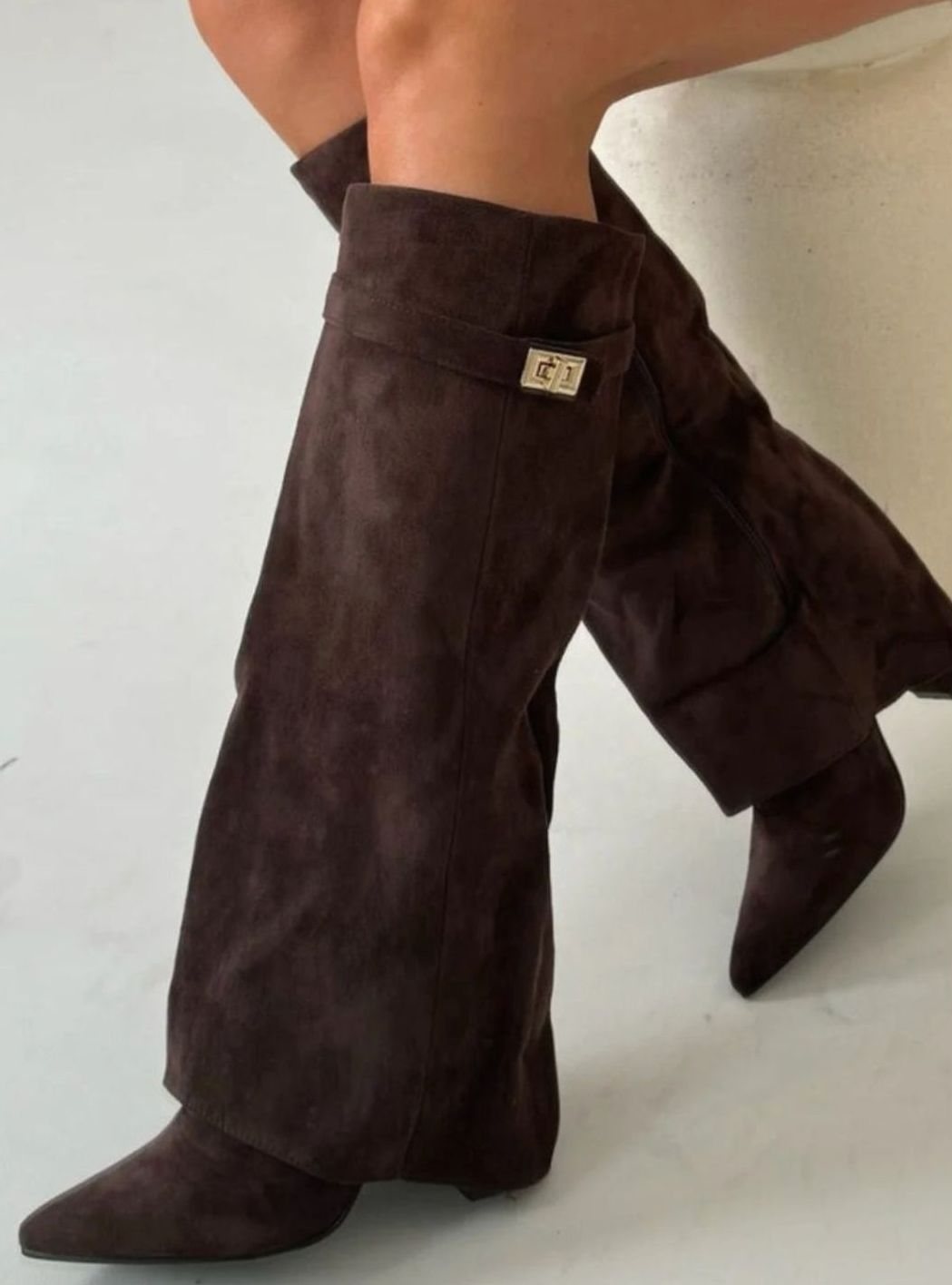Women's Suede Knee-High Buckle Fold-Over Thigh-High Boots - Brown Suede