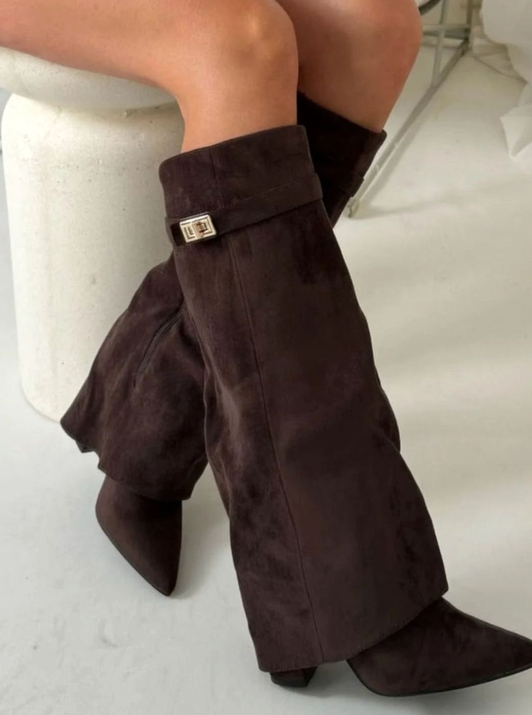 Women's Suede Knee-High Buckle Fold-Over Thigh-High Boots