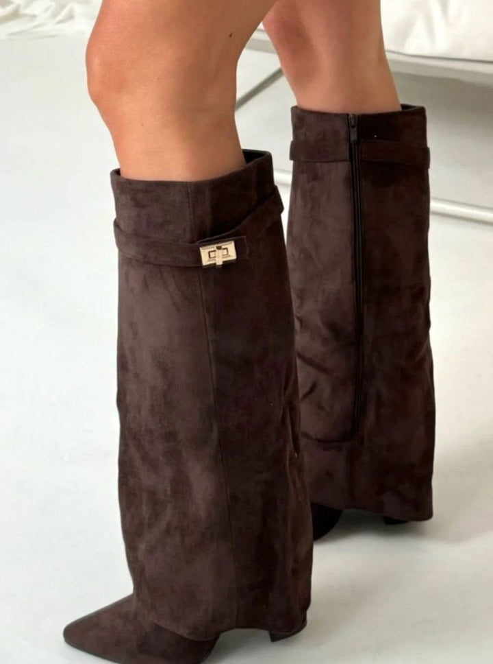 Women's Suede Knee-High Buckle Fold-Over Thigh-High Boots