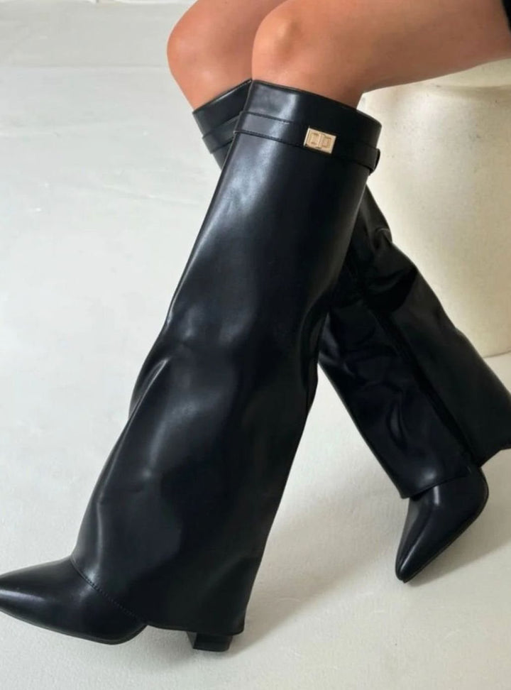Women's Suede Knee-High Buckle Fold-Over Thigh-High Boots - Black