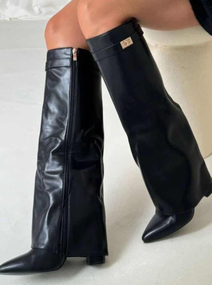 Women's Suede Knee-High Buckle Fold-Over Thigh-High Boots