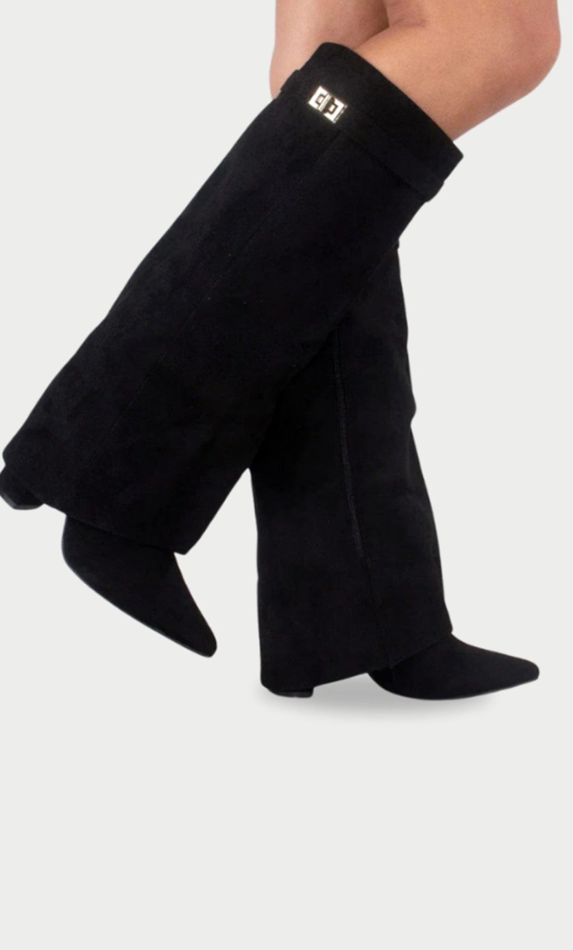 Women's Suede Knee-High Buckle Fold-Over Thigh-High Boots - Black Suede
