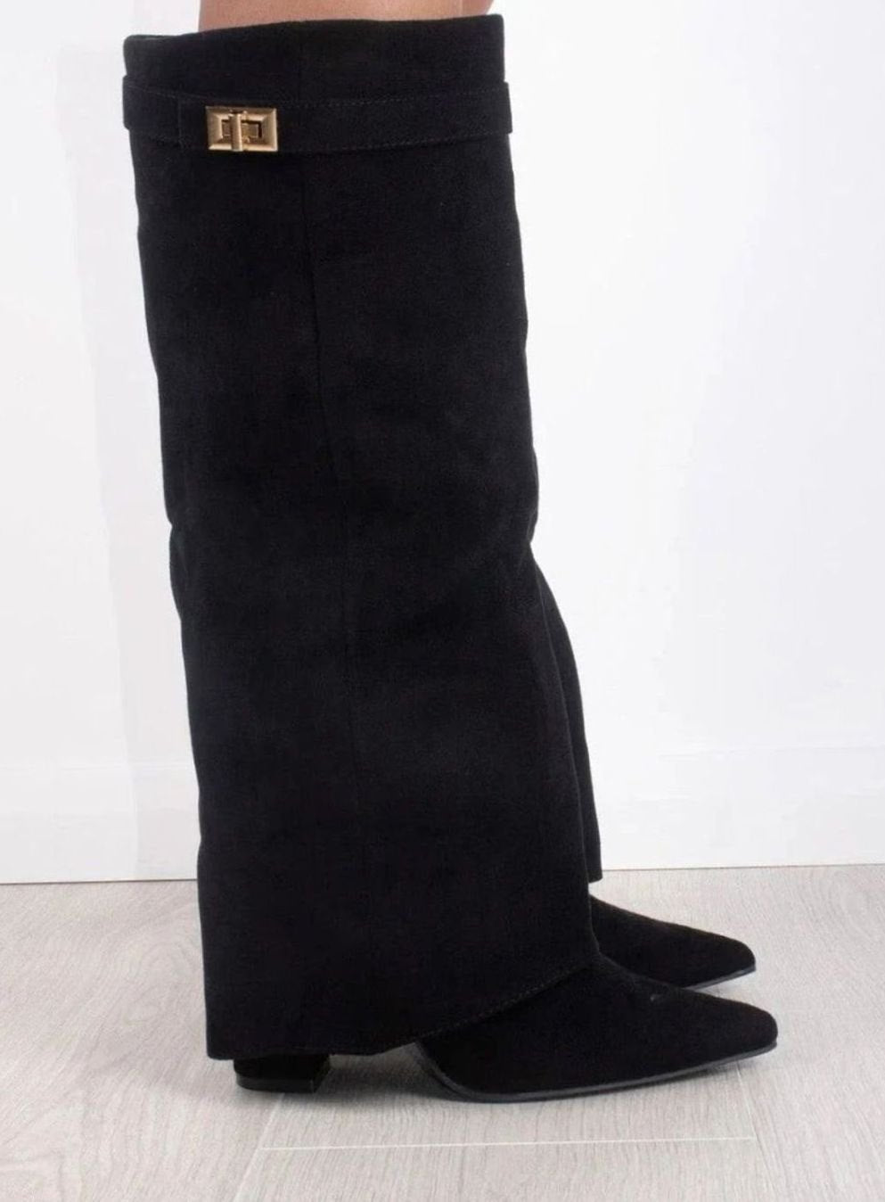 Women's Suede Knee-High Buckle Fold-Over Thigh-High Boots
