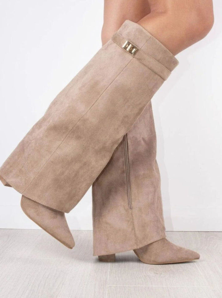 Women's Suede Knee-High Buckle Fold-Over Thigh-High Boots - Beige Suede