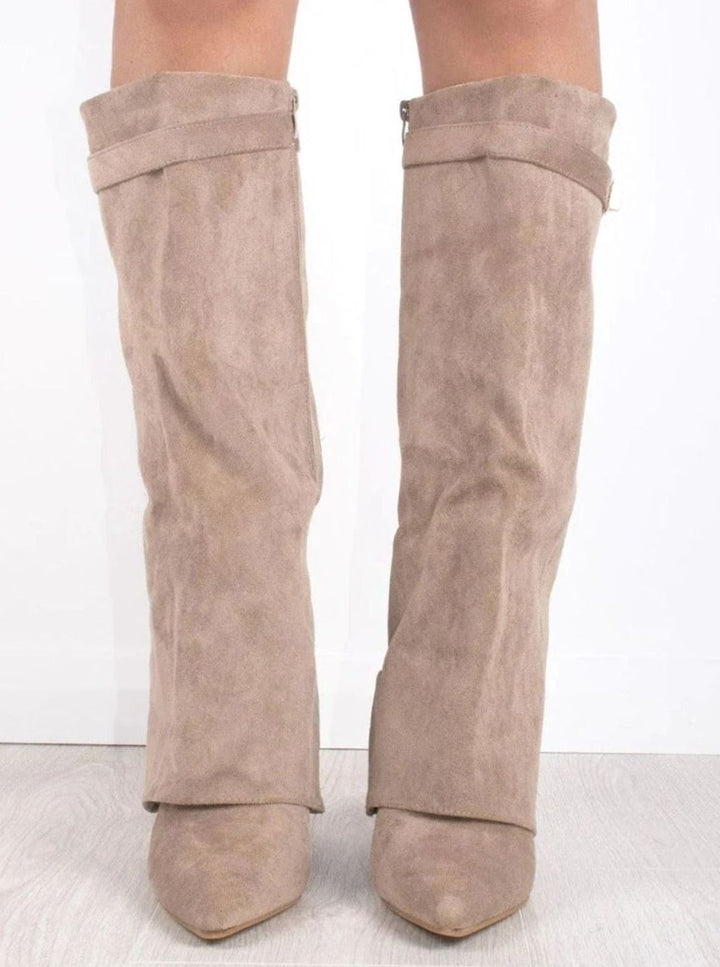Women's Suede Knee-High Buckle Fold-Over Thigh-High Boots