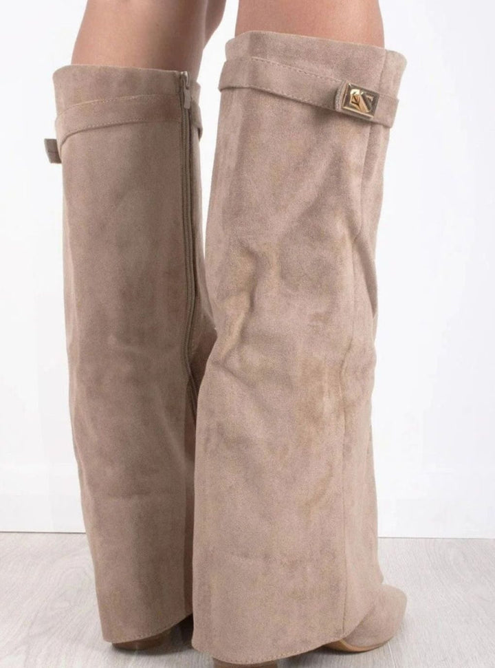 Women's Suede Knee-High Buckle Fold-Over Thigh-High Boots
