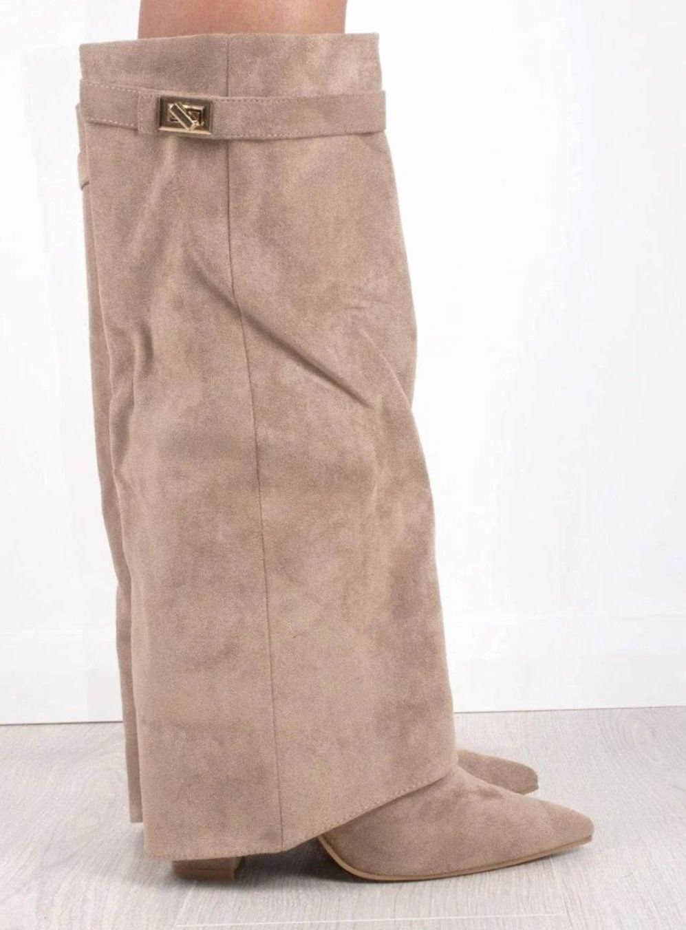 Women's Suede Knee-High Buckle Fold-Over Thigh-High Boots