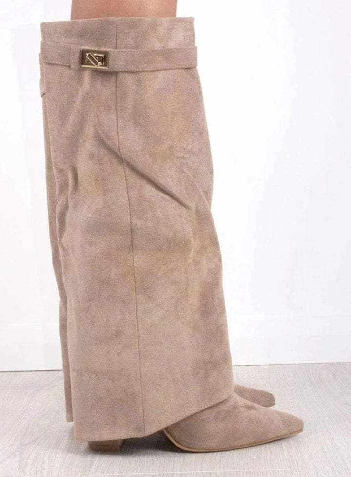 Women's Suede Knee-High Buckle Fold-Over Thigh-High Boots
