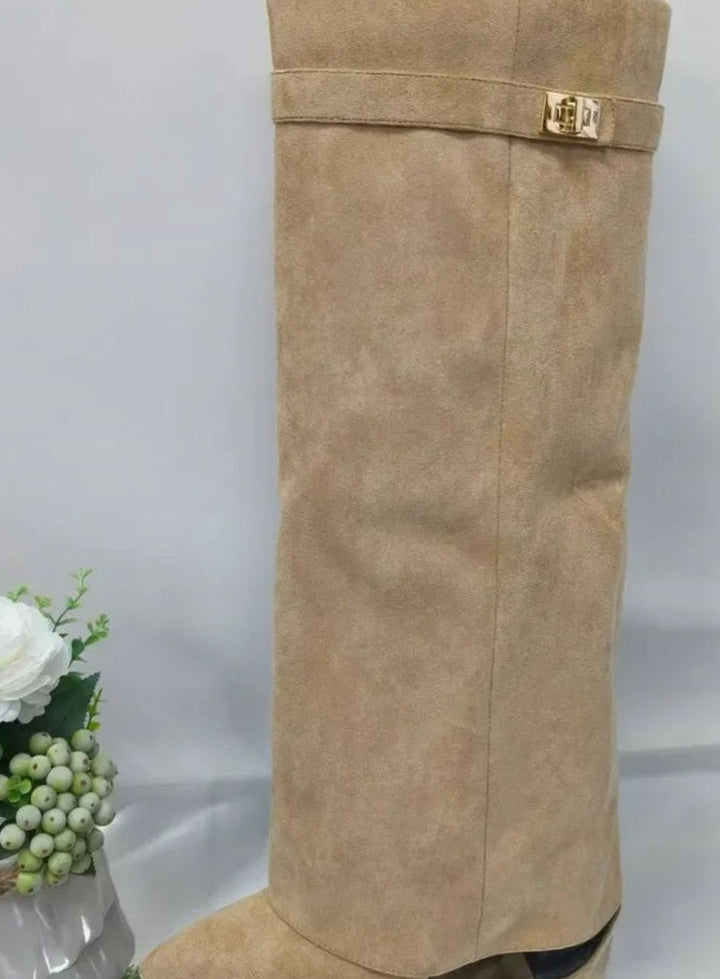 Women's Suede Knee-High Thigh-High Boots Gold Buckle - Apricot