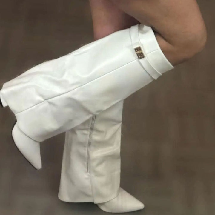 Women's Suede Knee-High Thigh-High Boots Gold Buckle - White
