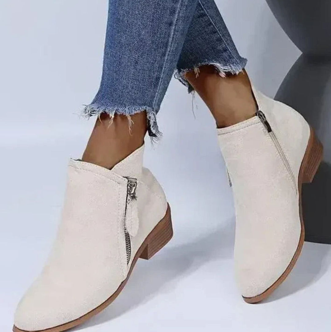 Women's Suede Pointed-Toe Side-Zip Low Heel Boots - Bone