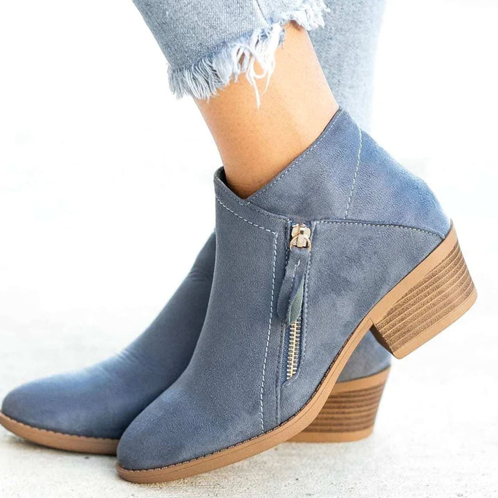 Women's Suede Pointed-Toe Side-Zip Low Heel Boots - Blue