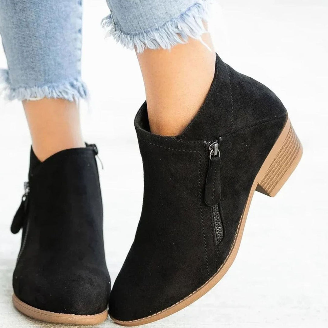 Women's Suede Pointed-Toe Side-Zip Low Heel Boots - Black