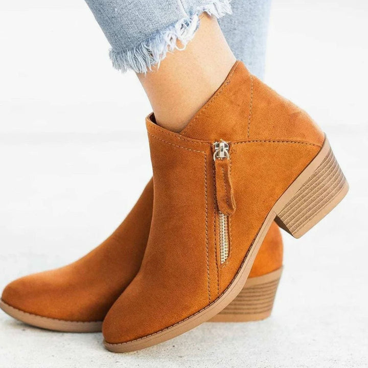 Women's Suede Pointed-Toe Side-Zip Low Heel Boots - Orange