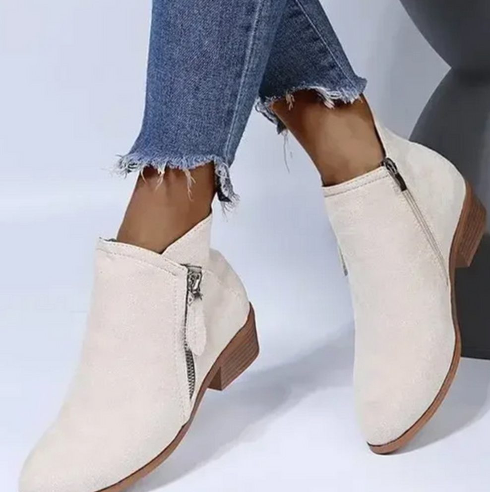 Women's Suede Side-Zip Block-Heel Ankle Boots - Beige