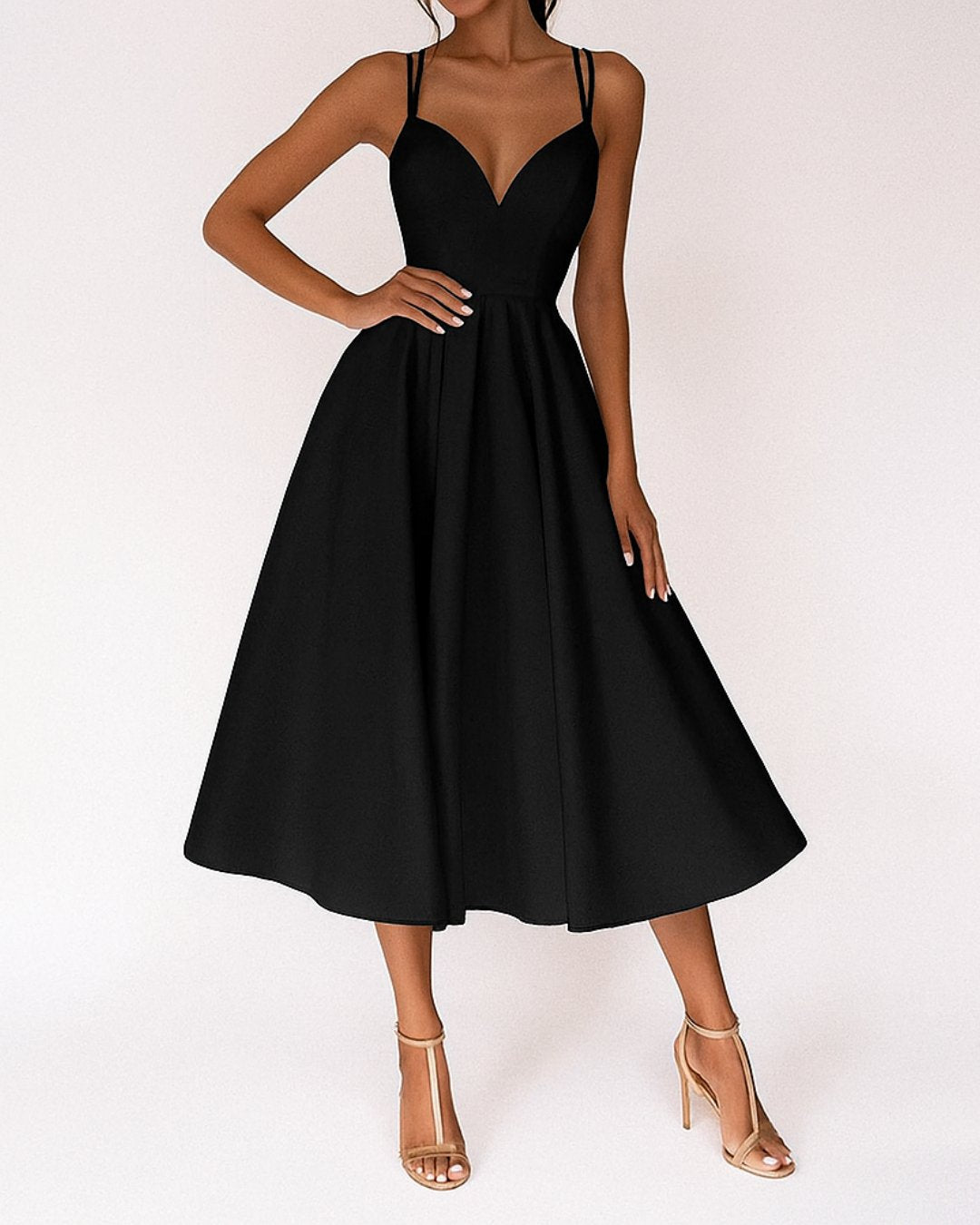 Women's Sweetheart-Neck Spaghetti-Strap A-Line Midi Dress - Zwart