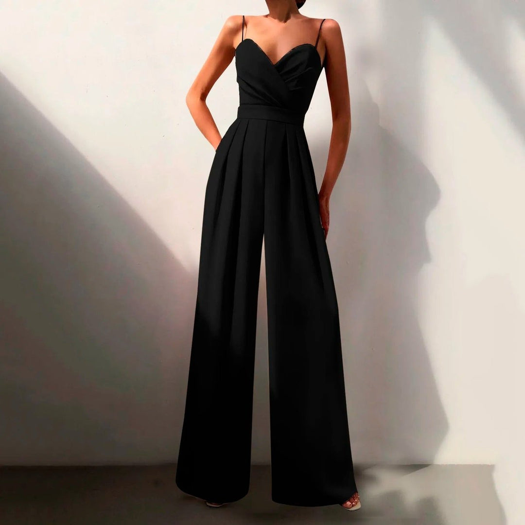 Women's Sweetheart Neck Spaghetti Strap Wide Leg Pants Jumpsuit - Black