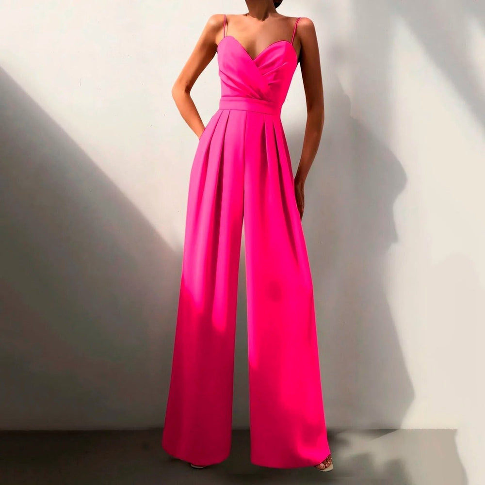 Women's Sweetheart Neck Spaghetti Strap Wide Leg Pants Jumpsuit - Pink