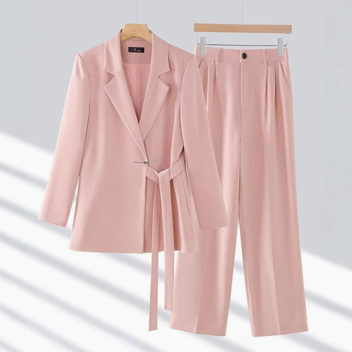 Women's Tailored Belted Blazer Wide-Leg Pants Suit Set - Pink