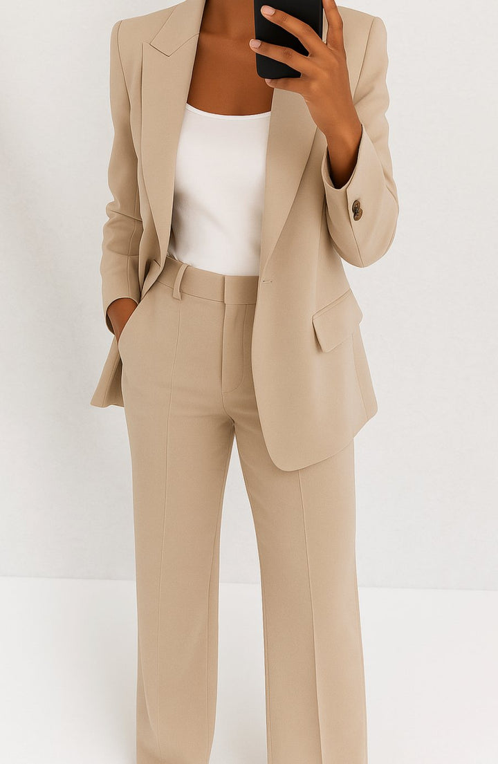 Women's Tailored Blazer Pants Suit Set Two-Piece - Beige