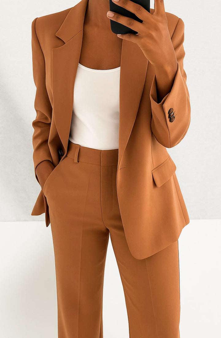 Women's Tailored Blazer Pants Suit Set Two-Piece - Brown