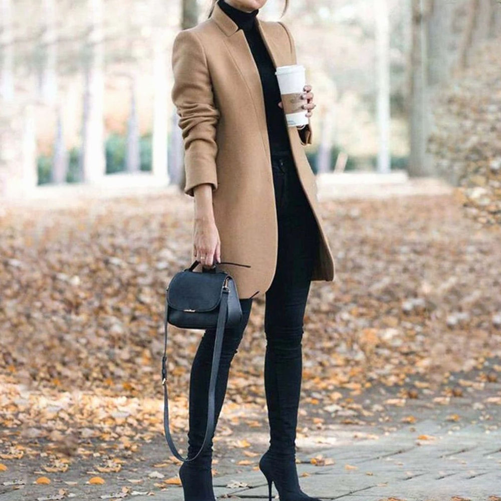 Women's Tailored Lapel Long Winter Coat Classic Structured Outerwear - Khaki