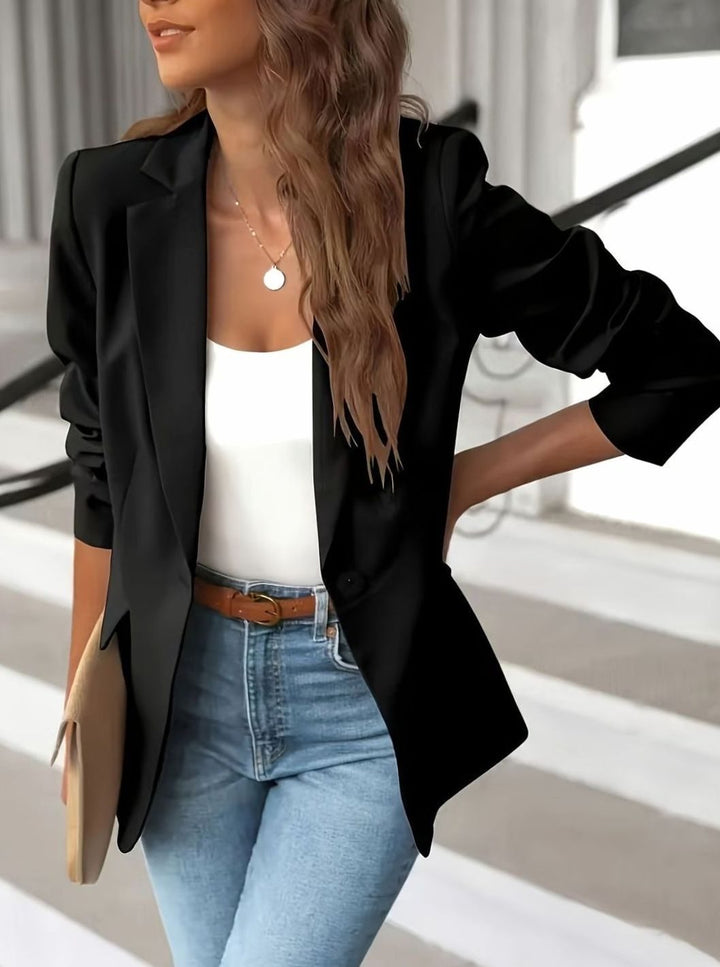 Women's Tailored Single-Button Casual Blazer Ruched-Sleeve Office Jacket - Black
