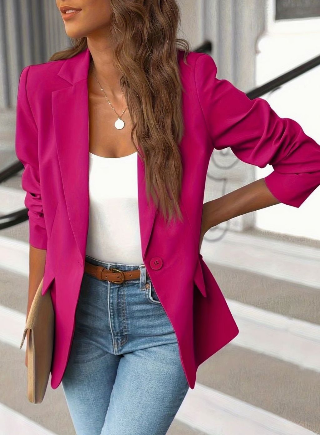 Women's Tailored Single-Button Casual Blazer Ruched-Sleeve Office Jacket - Pink