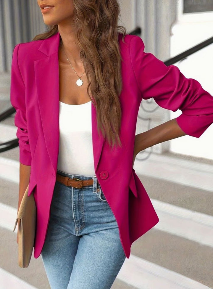 Women's Tailored Single-Button Casual Blazer Ruched-Sleeve Office Jacket - Pink