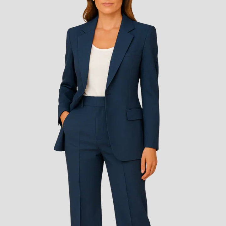 Women's Tailored Single-Button Straight-Leg Two-Piece Blazer Suit - Navy Blue