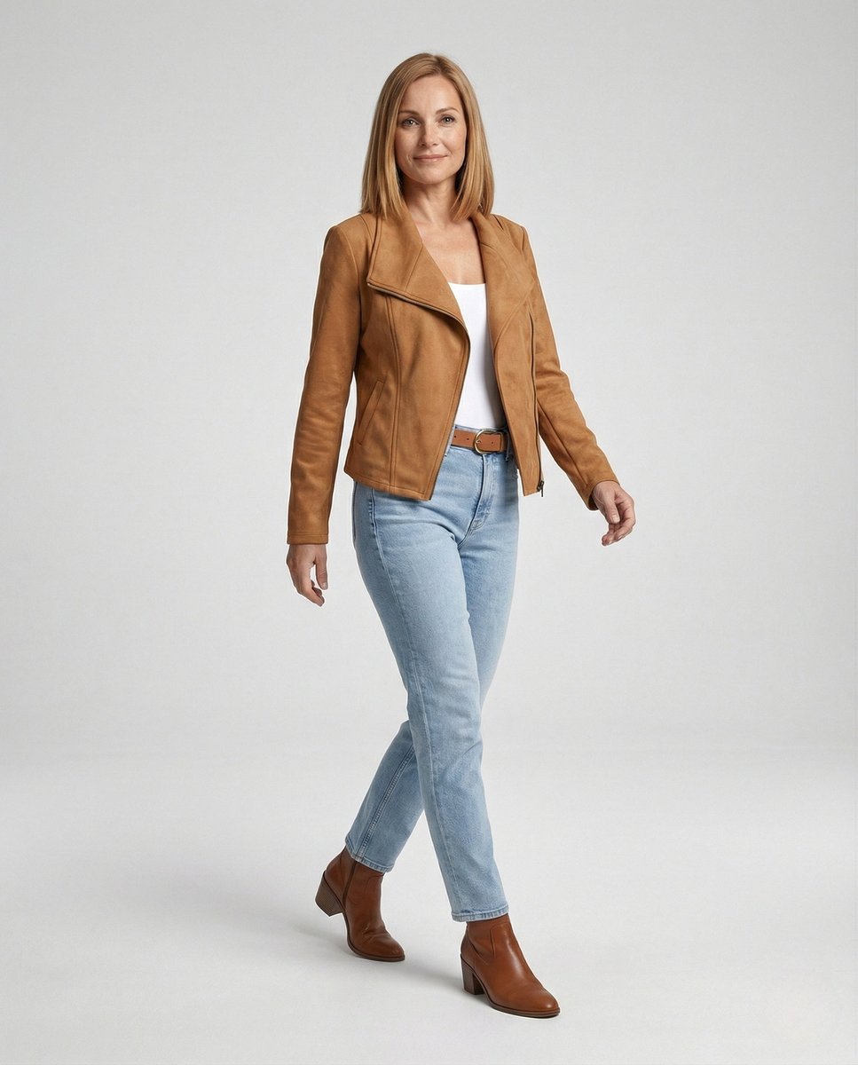 Women's Tailored Suede-Look Asymmetric-Zip Biker Leather Jacket