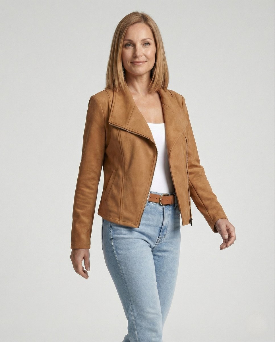 Women's Tailored Suede-Look Asymmetric-Zip Biker Leather Jacket
