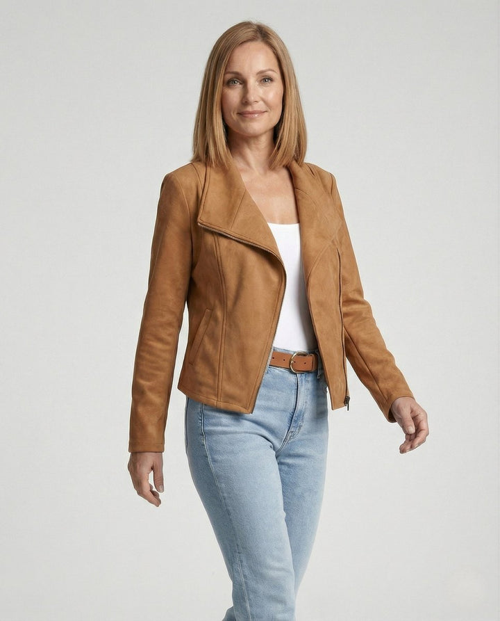 Women's Tailored Suede-Look Asymmetric-Zip Biker Leather Jacket