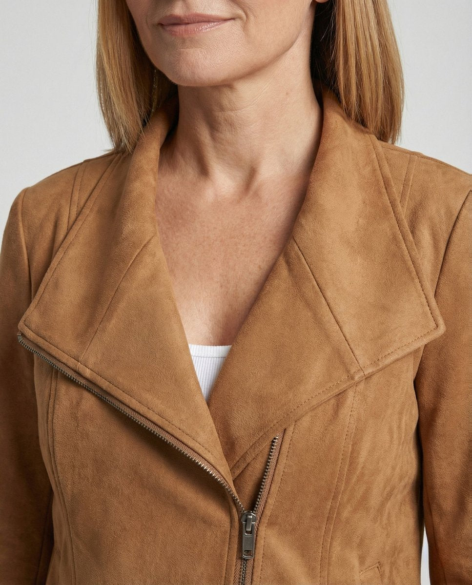 Women's Tailored Suede-Look Asymmetric-Zip Biker Leather Jacket