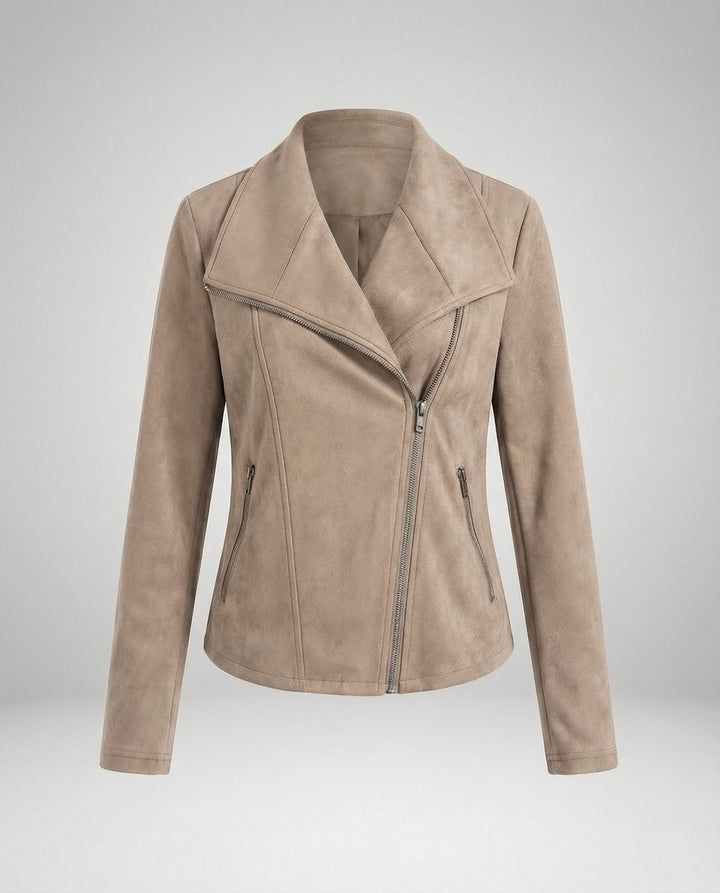 Women's Tailored Suede-Look Asymmetric-Zip Biker Leather Jacket - Apricot