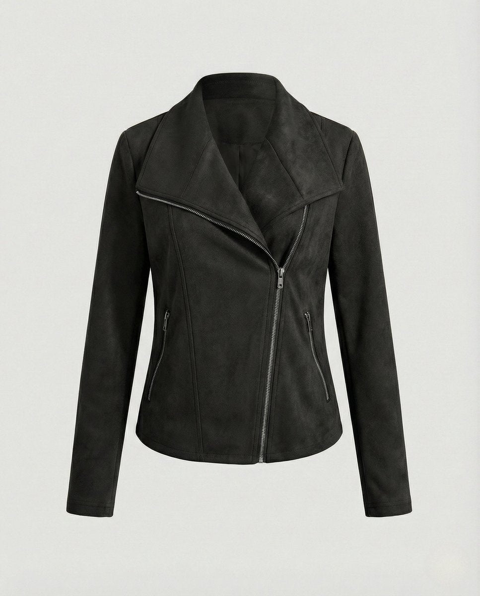 Women's Tailored Suede-Look Asymmetric-Zip Biker Leather Jacket - Black