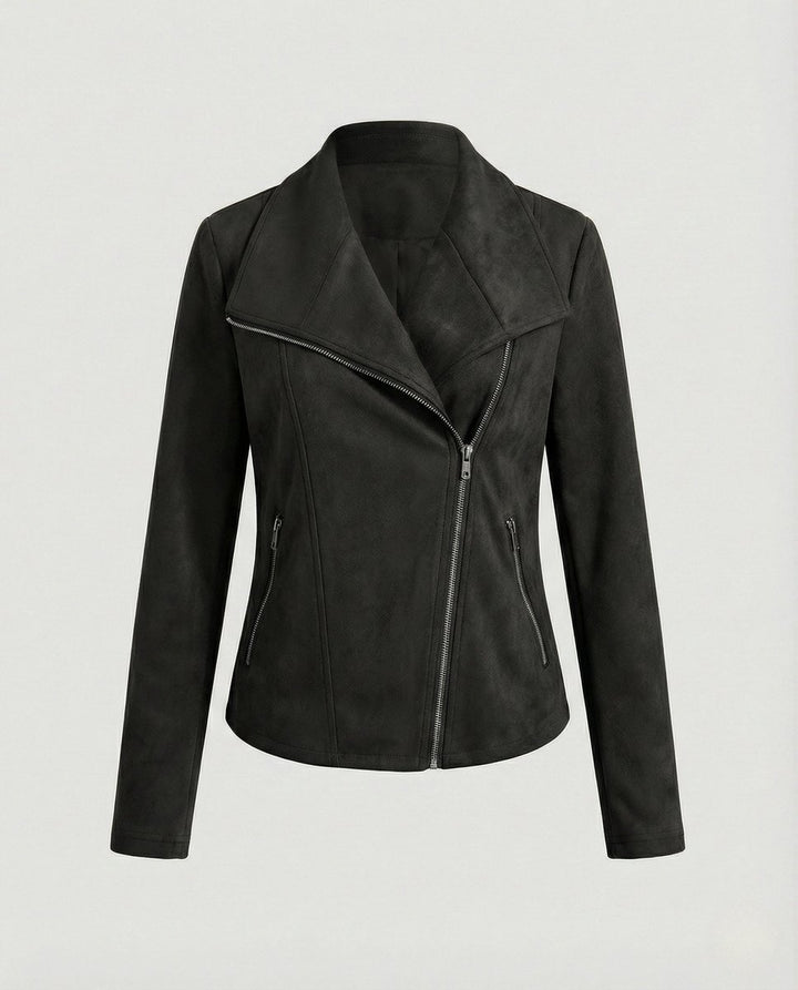 Women's Tailored Suede-Look Asymmetric-Zip Biker Leather Jacket - Black