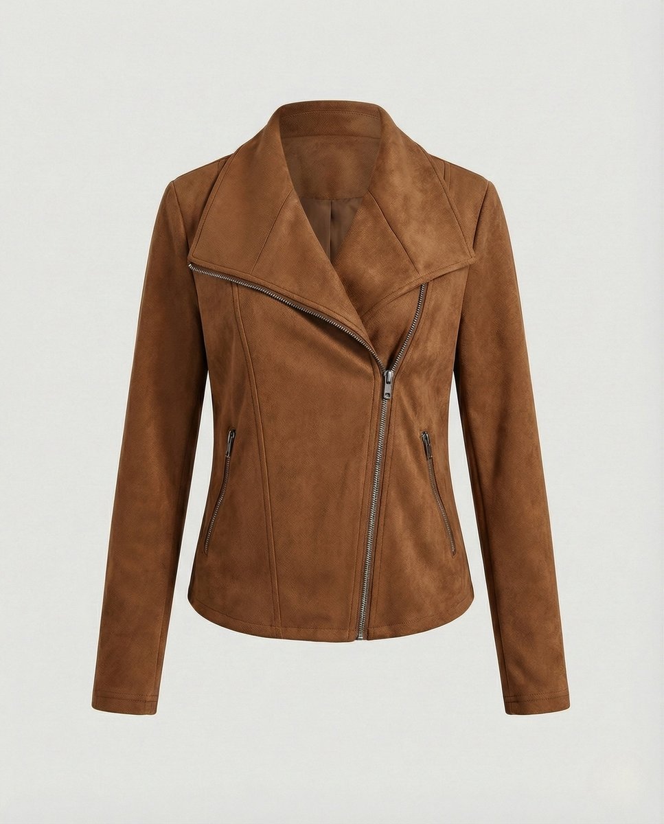 Women's Tailored Suede-Look Asymmetric-Zip Biker Leather Jacket - Camel