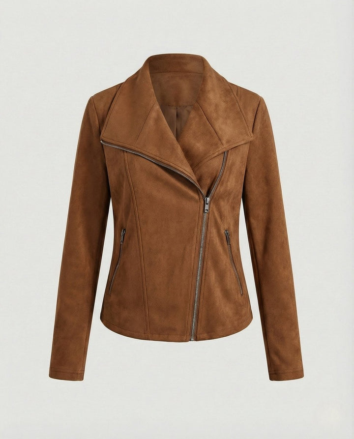 Women's Tailored Suede-Look Asymmetric-Zip Biker Leather Jacket - Camel