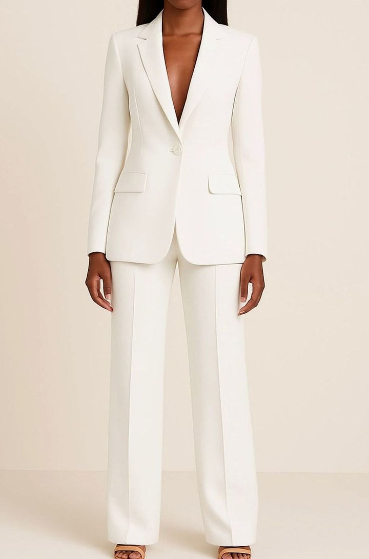 Women's Tailored Wide-Leg Blazer Suit Set - White