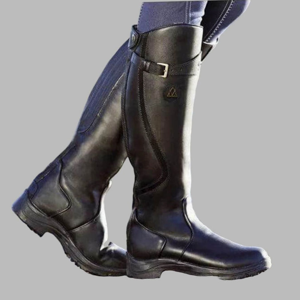 Women's Tall Leather Buckle-Strap Knee-High Hiking Boots - Black