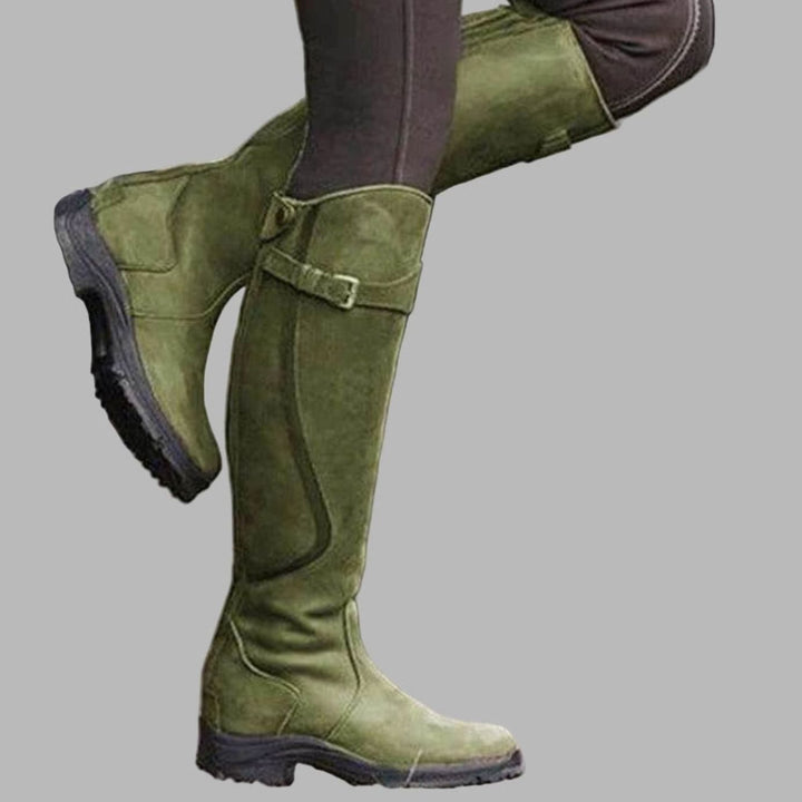 Women's Tall Leather Buckle-Strap Knee-High Hiking Boots - Green