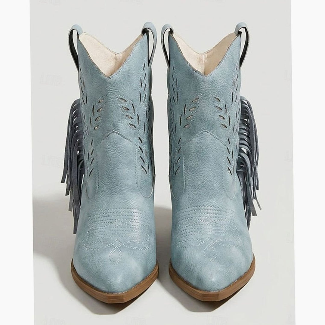 Women's Tasseled Western Ankle Boots Pointed-Toe Block Heel