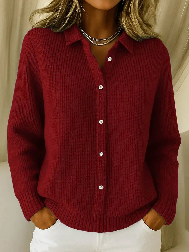 Women's Textured Knit Sweater Button-Down Collared Cardigan - Wine Red