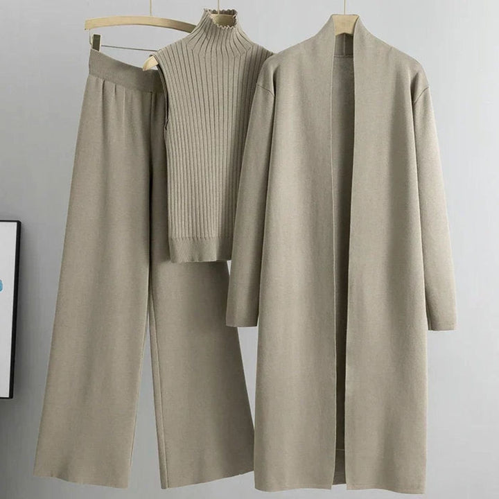 Women's Three-Piece Cardigan Wide-Leg Pants Ribbed Knit Set - Light Beige