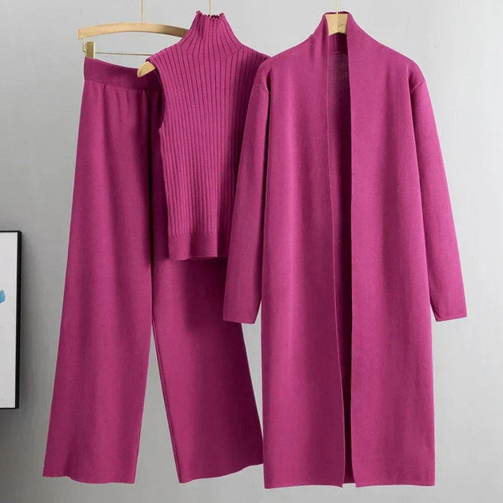 Women's Three-Piece Cardigan Wide-Leg Pants Ribbed Knit Set - Pink