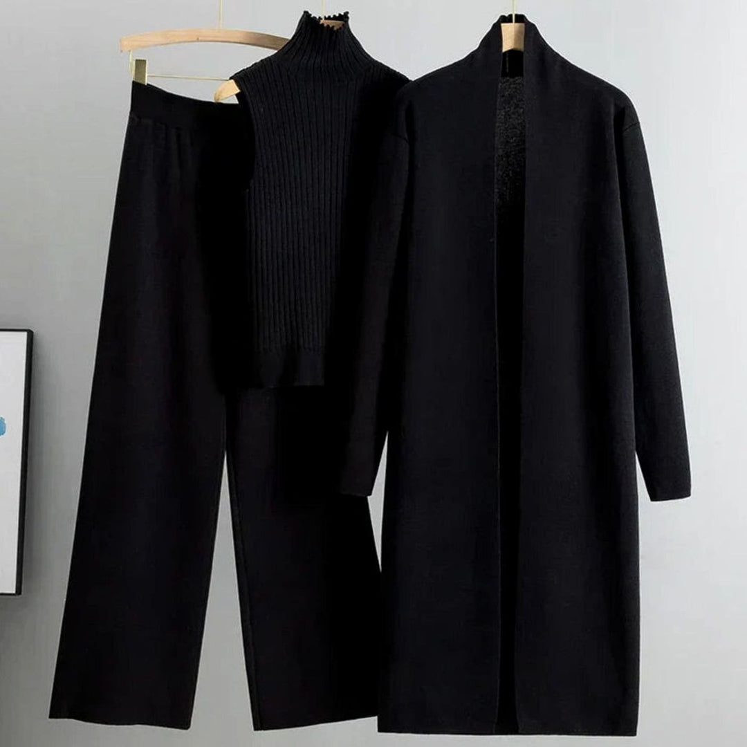 Women's Three-Piece Cardigan Wide-Leg Pants Ribbed Knit Set - Black
